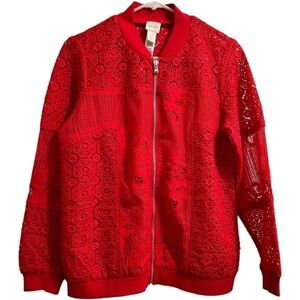 Chico’s Red Sheer Fancy Crochet Lace Blazer, Womens 4 - Chicos Size 0 BEAUTIFUL!